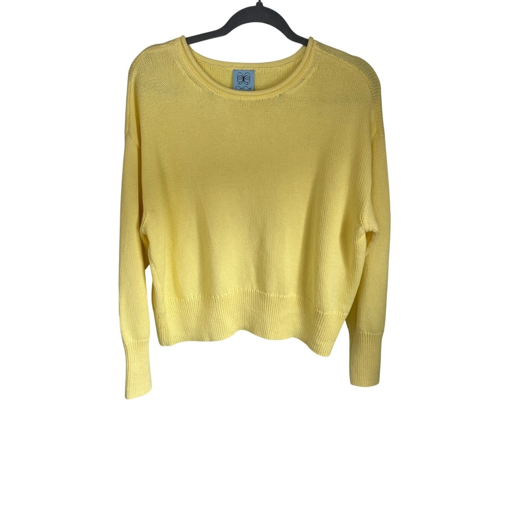 CeCe Yellow 100% Cotton Knit Sweater Womens Medium  Crew Neck Pullover‎
